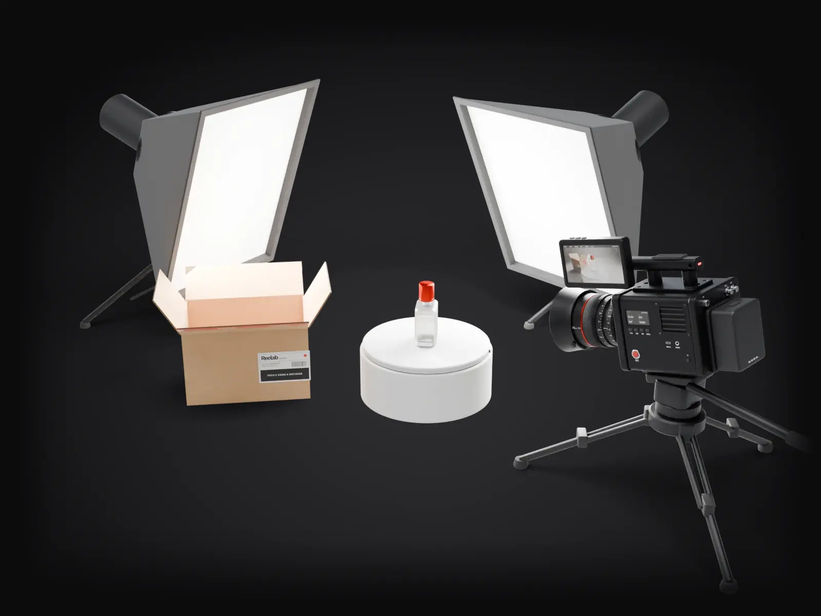 Il pacco con il tuo prodotto appena aperto in studio, un render 3D di Reelab Studio