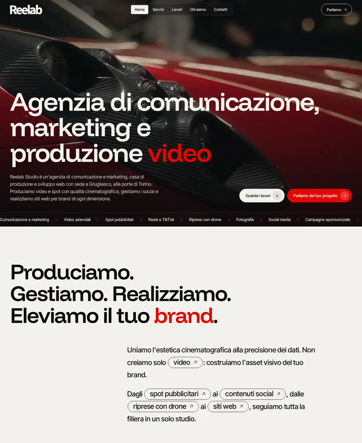 La home del sito di Reelab Studio, progettato e sviluppato da noi