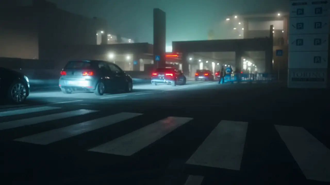 Hardcore Drivers: auto con i fari accesi nella nebbia, di sera, al raduno del Torino Outlet Village